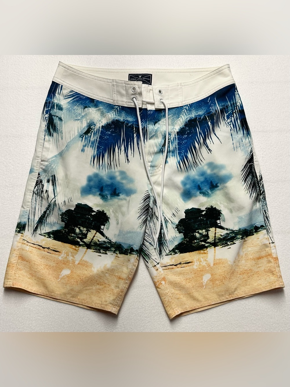 American Eagle Men’s Small Blue & White Palm‑Print Board Shorts – 10” Inseam